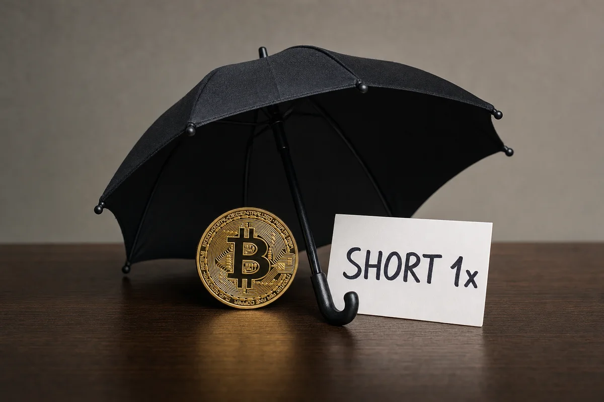 Зонт над монетой биткоина и карточка с надписью SHORT 1x