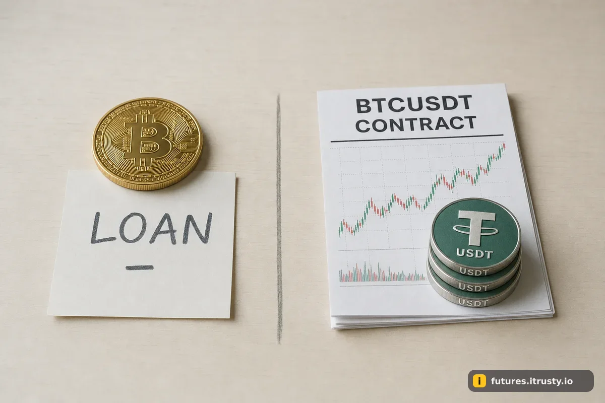 Слева монета биткоина с распиской LOAN, справа бумажный контракт BTCUSDT и стопка монет USDT как залог