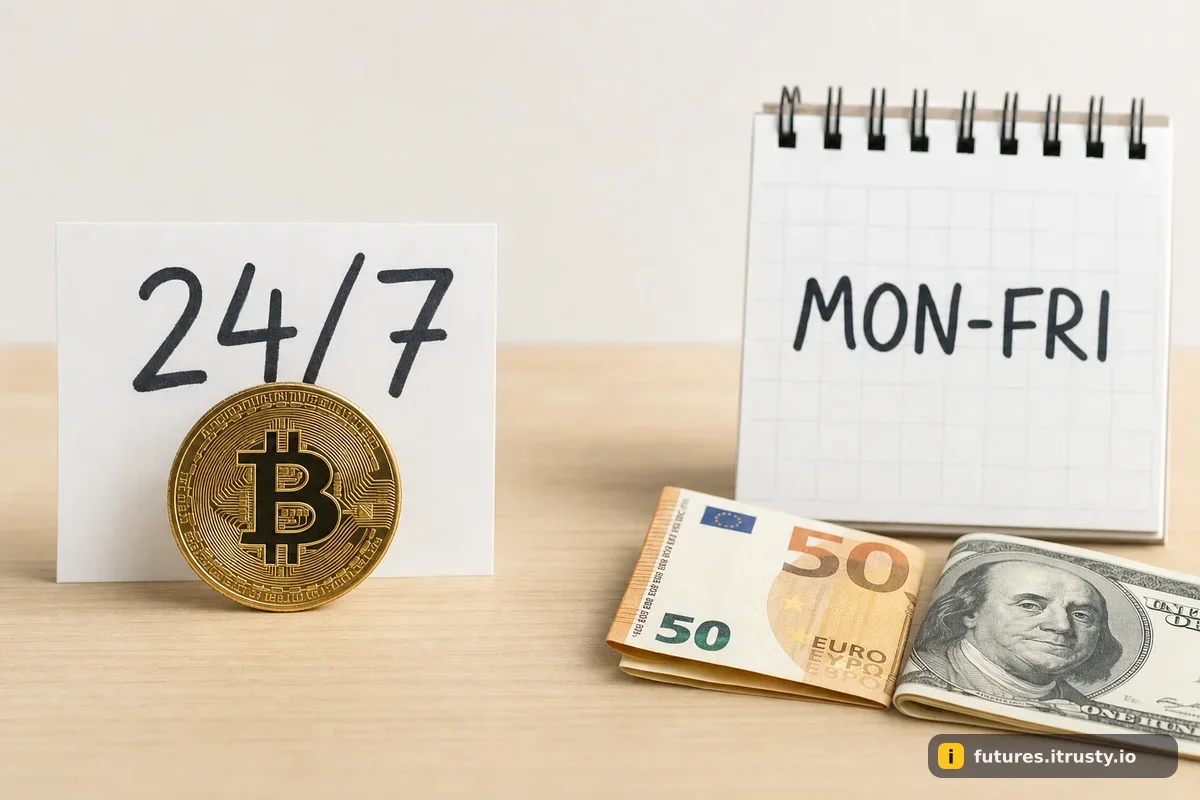 Слева монета биткоина с табличкой 24/7, справа евро и доллар рядом с календарём с рабочими днями