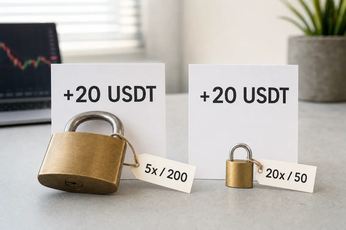 Две одинаковые карточки «+20 USDT» и два замка разного размера с подписями 5x и 20x