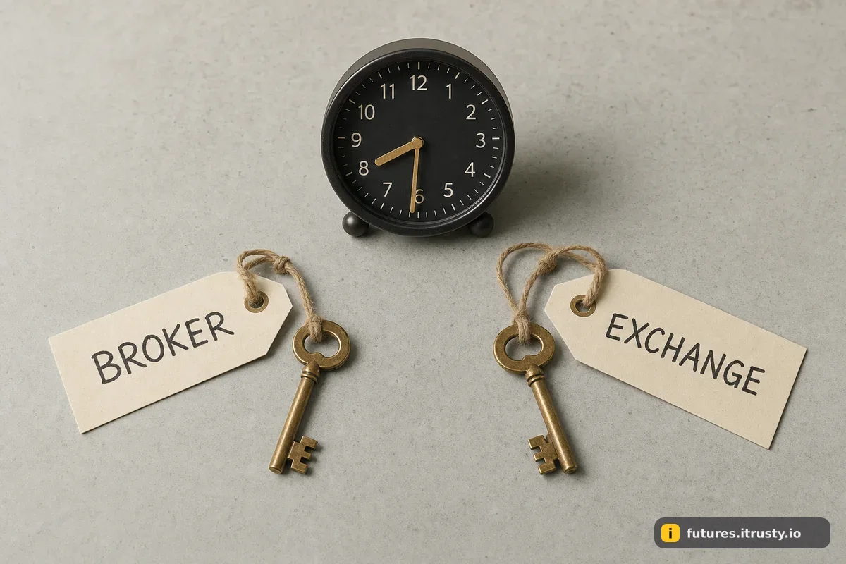 Два ключа с бумажными бирками «BROKER» и «EXCHANGE» и настольные часы между ними
