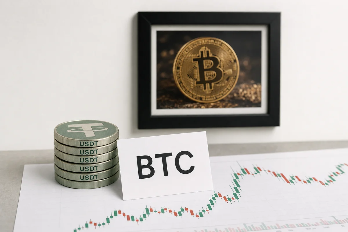 Стопка монет USDT на распечатанном графике биткоина, рядом табличка BTC, сам биткоин — только на фото в рамке на стене