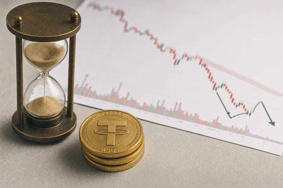 Песочные часы рядом со стопкой монет USDT и падающим графиком