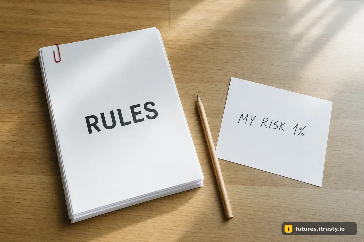Толстый свод правил слева и один листок с надписью MY RISK 1% справа