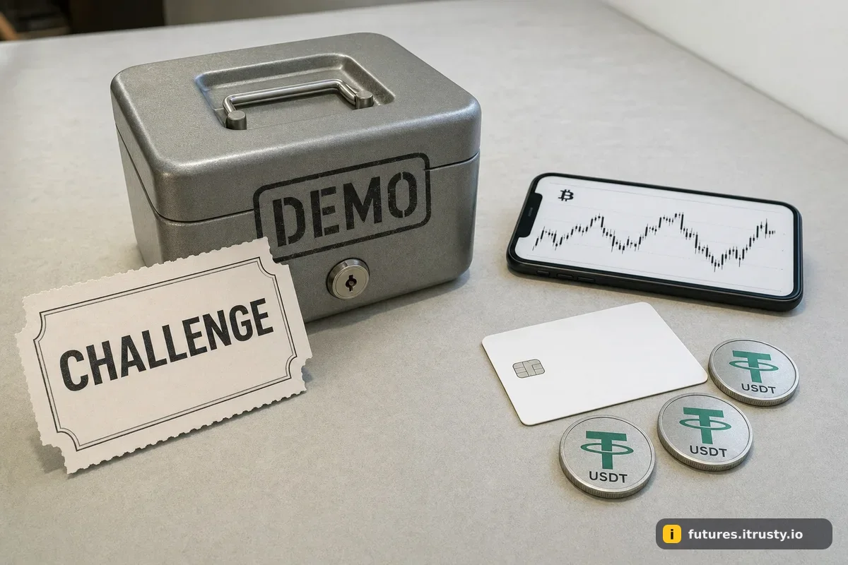 Билет с надписью CHALLENGE у закрытой денежной коробки и рядом монеты USDT с телефоном, где график биткоина
