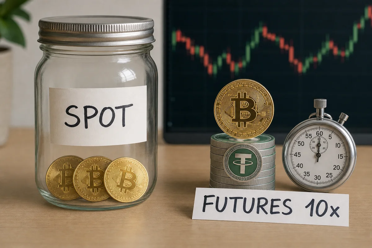 Банка с биткоинами с надписью SPOT слева и монета на стопке USDT с секундомером и надписью FUTURES 10x справа