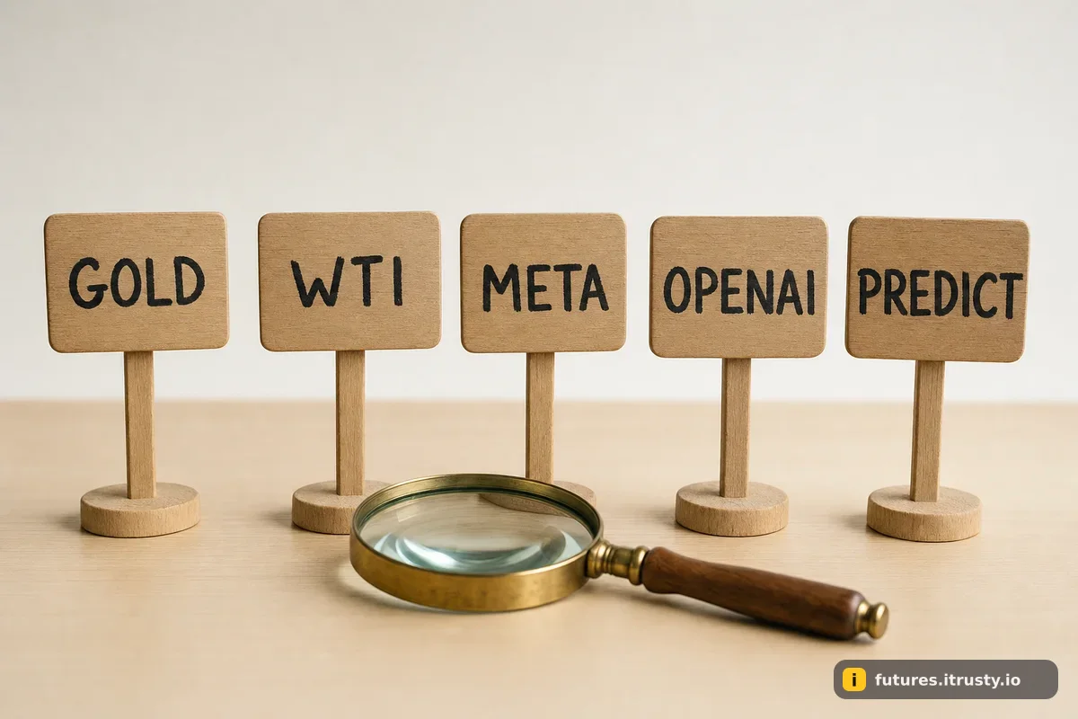 Ряд деревянных табличек с надписями GOLD, WTI, META, OPENAI, PREDICT и лупа перед ними