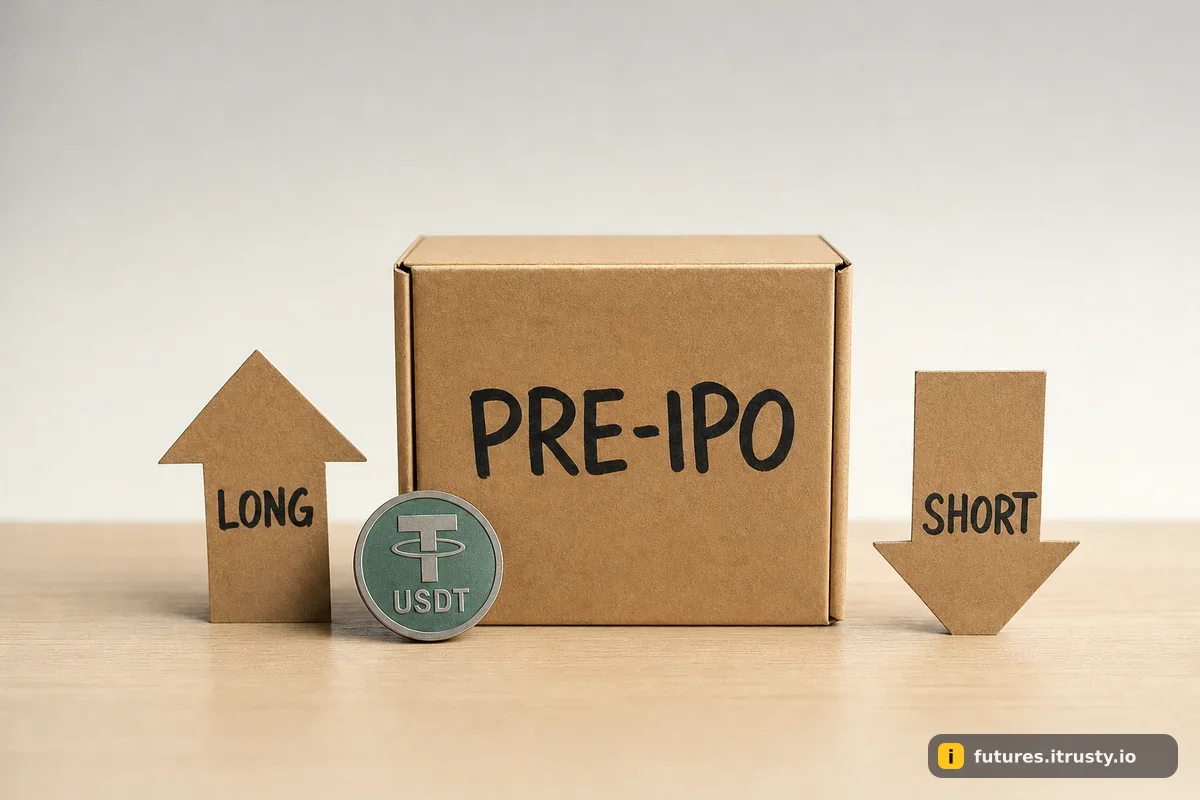 Закрытая коробка с надписью PRE-IPO, монета USDT и две стрелки LONG и SHORT на столе