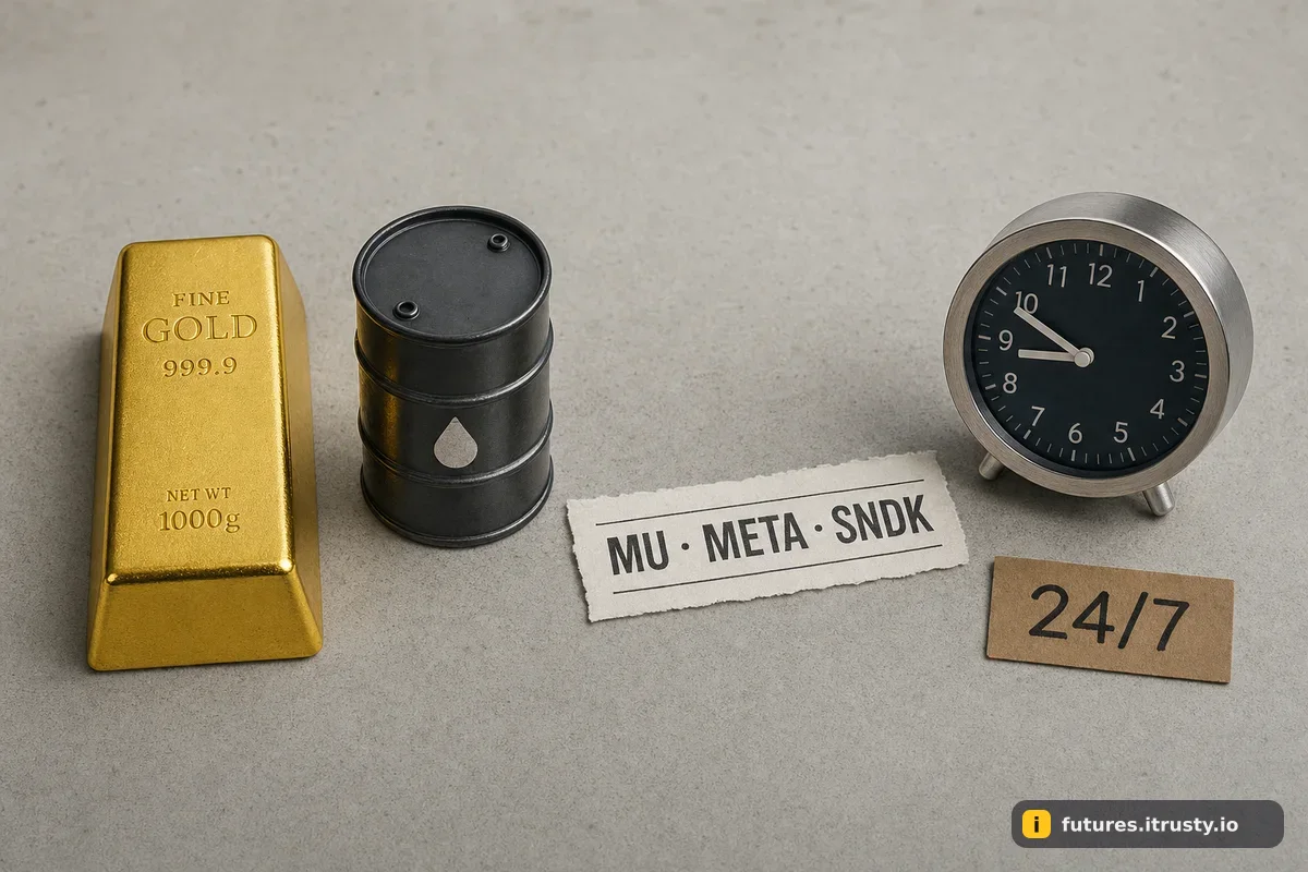 Золотой слиток, миниатюрная бочка нефти и бумажная лента с тикерами акций на столе