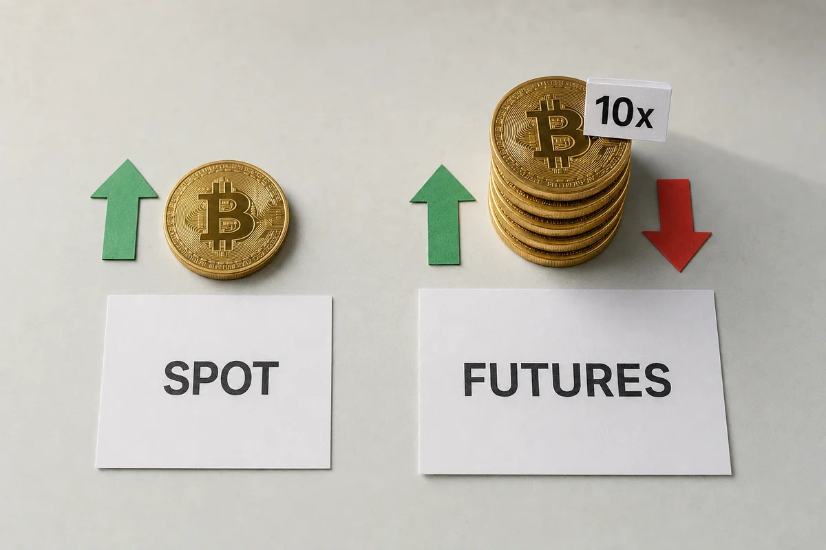 На столе две карточки SPOT и FUTURES: слева одна монета биткоина со стрелкой вверх, справа стопка монет с биркой 10x и стрелками вверх и вниз