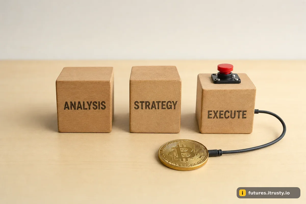 Три деревянных бруска с надписями ANALYSIS, STRATEGY, EXECUTE, кнопка только на третьем, рядом монета биткоина