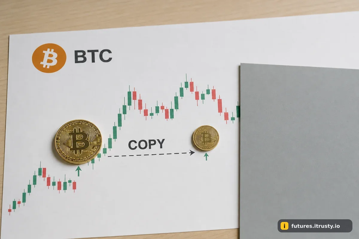 Большая и маленькая монеты биткоина на распечатанном свечном графике, часть графика закрыта серой карточкой