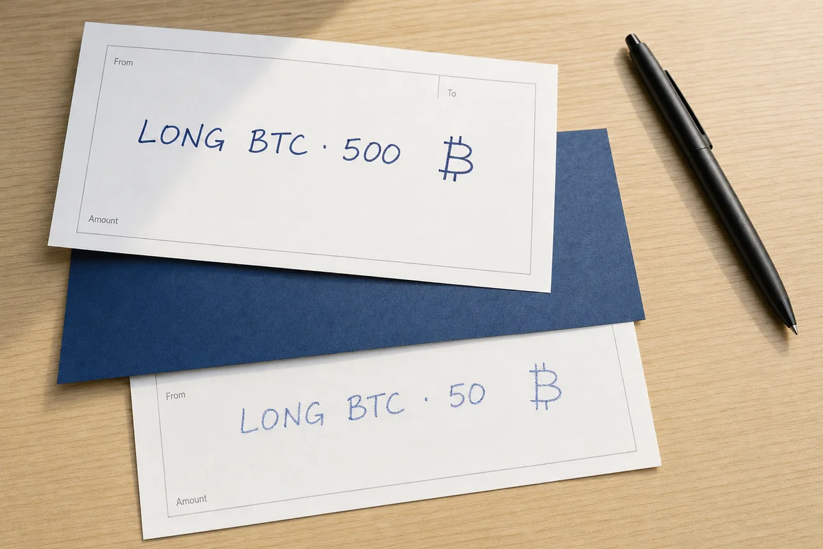 Копировальная бумага переносит запись о сделке LONG BTC с одного бланка на другой, но с меньшей суммой