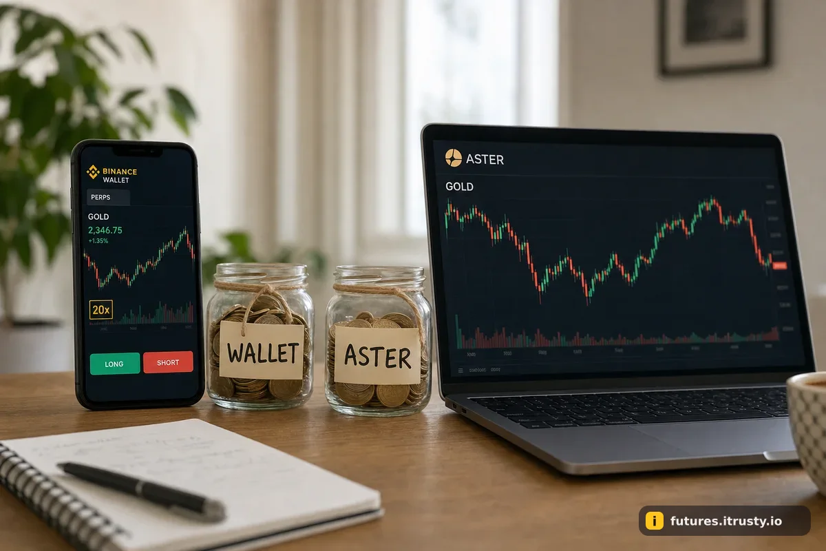 Телефон с вкладкой Perps в Binance Wallet и ноутбук с сайтом Aster — на обоих один и тот же график золота, между ними две банки с бирками WALLET и ASTER