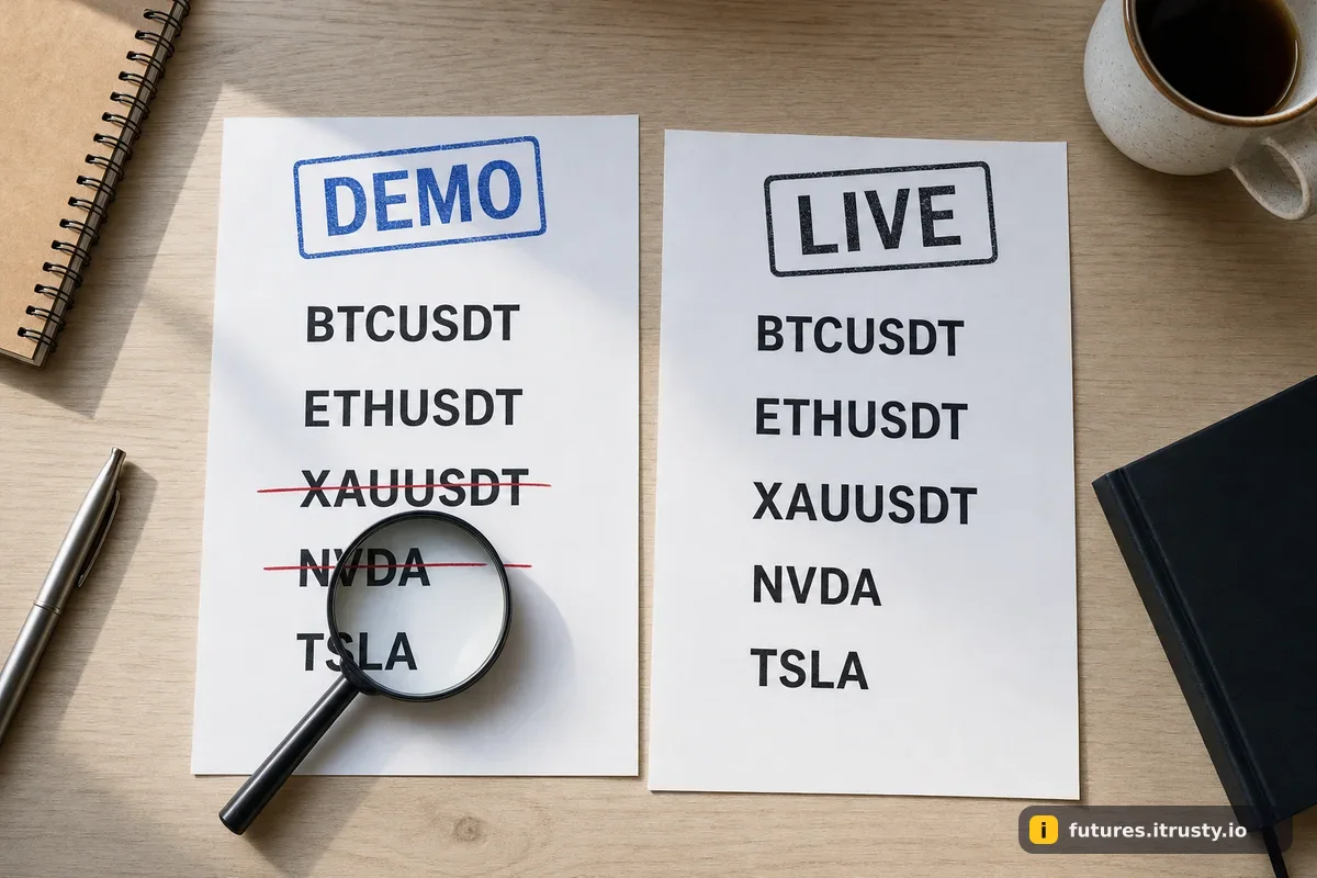 Два бумажных списка тикеров с печатями DEMO и LIVE, часть строк в левом списке вычеркнута