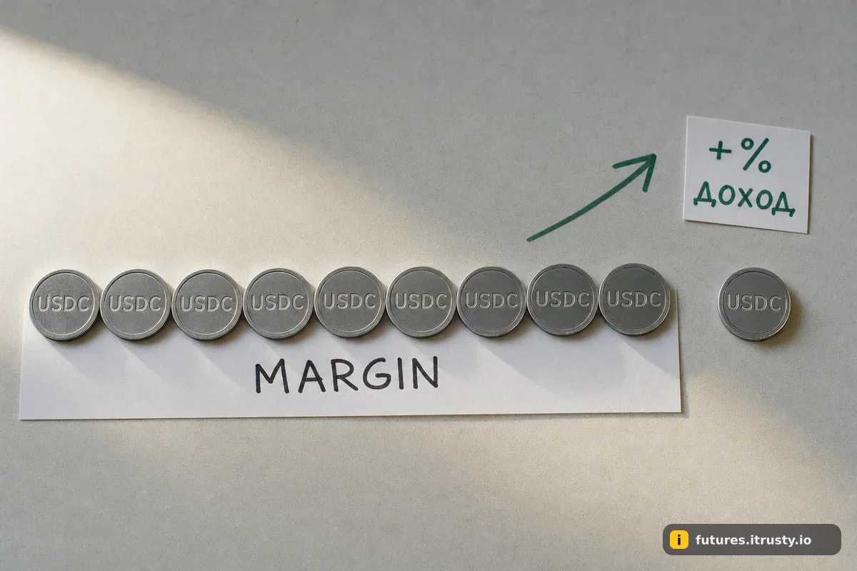 Десять монет USDC: девять лежат на полоске с надписью MARGIN, одна рядом