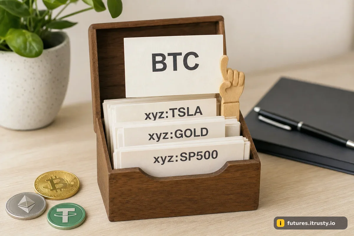 Деревянный картотечный ящик с карточками-тикерами BTC, xyz:TSLA, xyz:GOLD, xyz:SP500