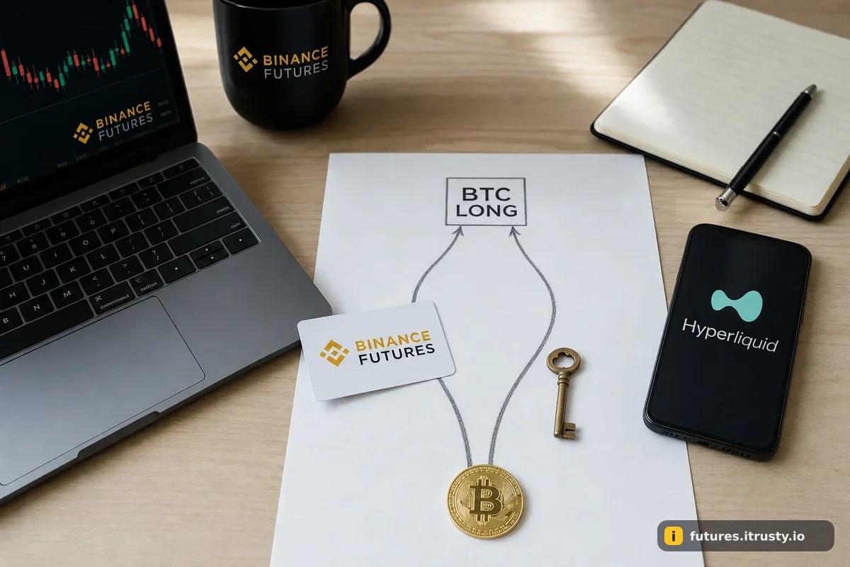 Два нарисованных маршрута от монеты биткоина к одной отметке BTC LONG: один через ID-карту, другой через ключ