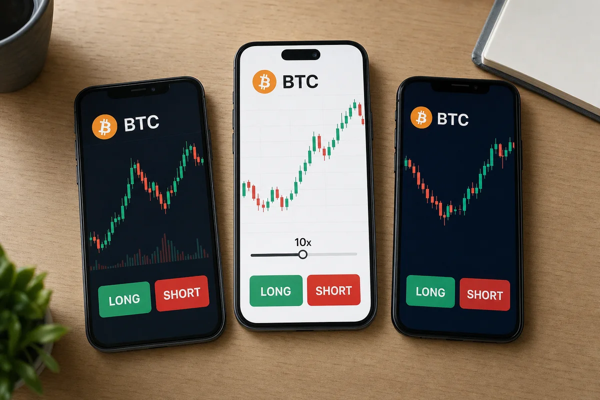 Три смартфона на деревянном столе с графиками BTC и кнопками LONG и SHORT