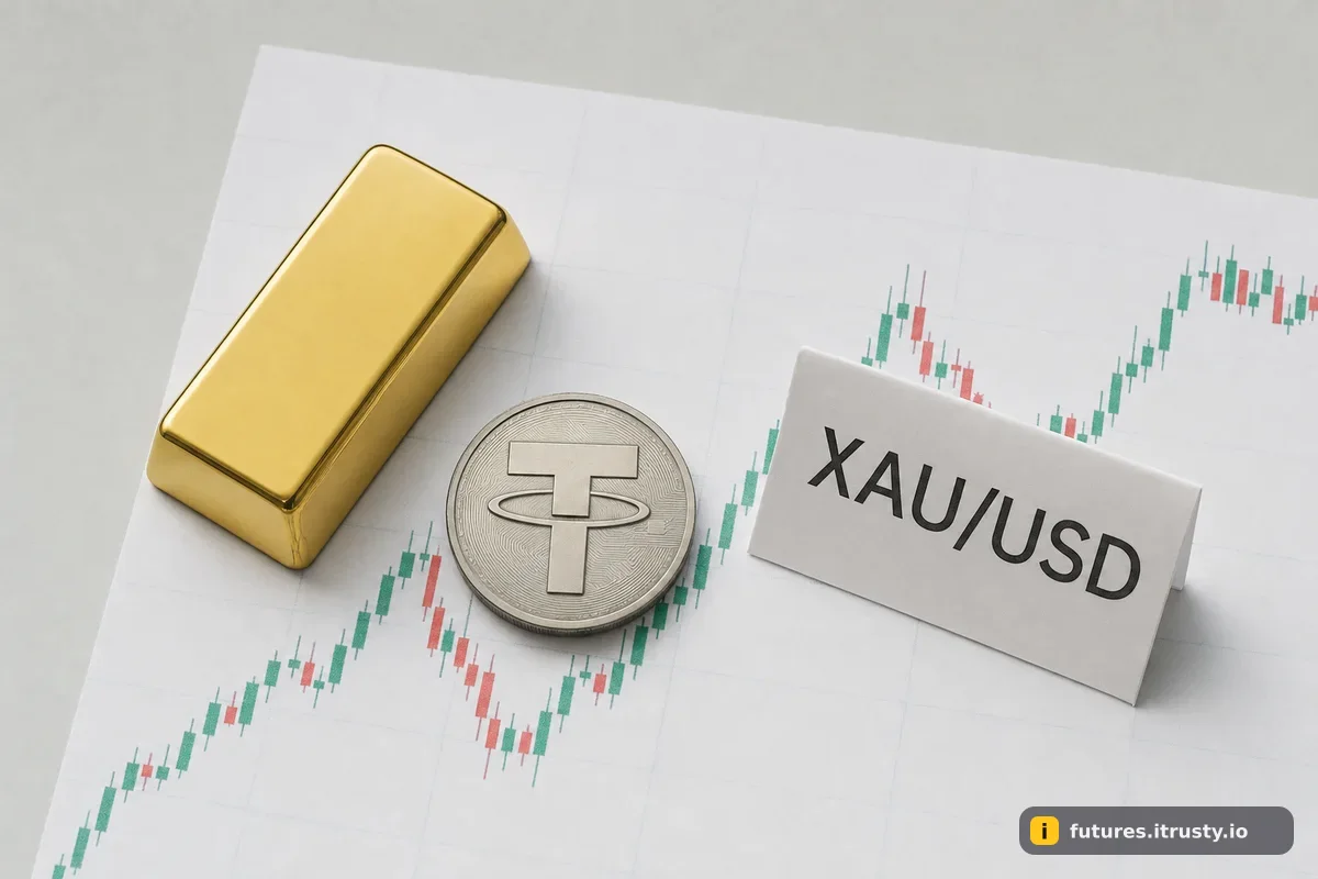 Золотой слиток и монета USDT лежат на распечатанном свечном графике с табличкой XAU/USD