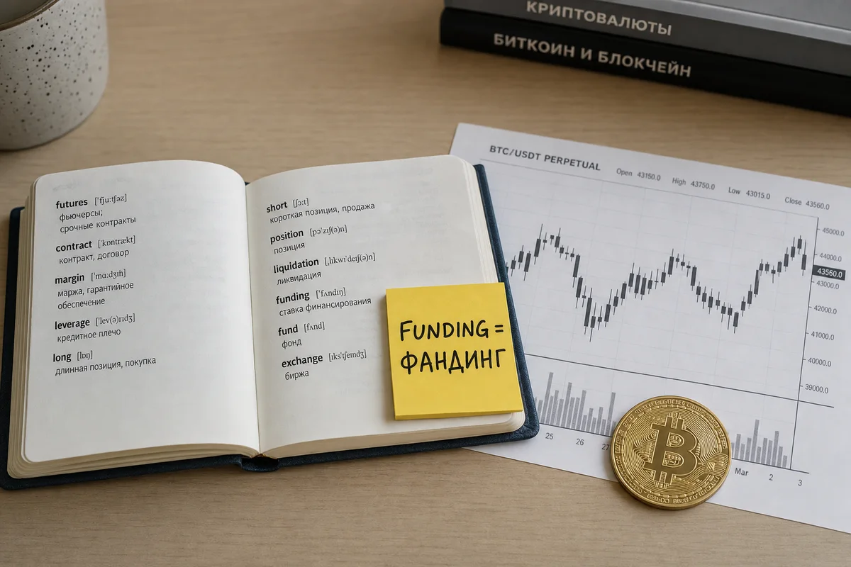Карманный словарь со стикером «FUNDING = ФАНДИНГ», рядом монета биткоина на распечатанном графике