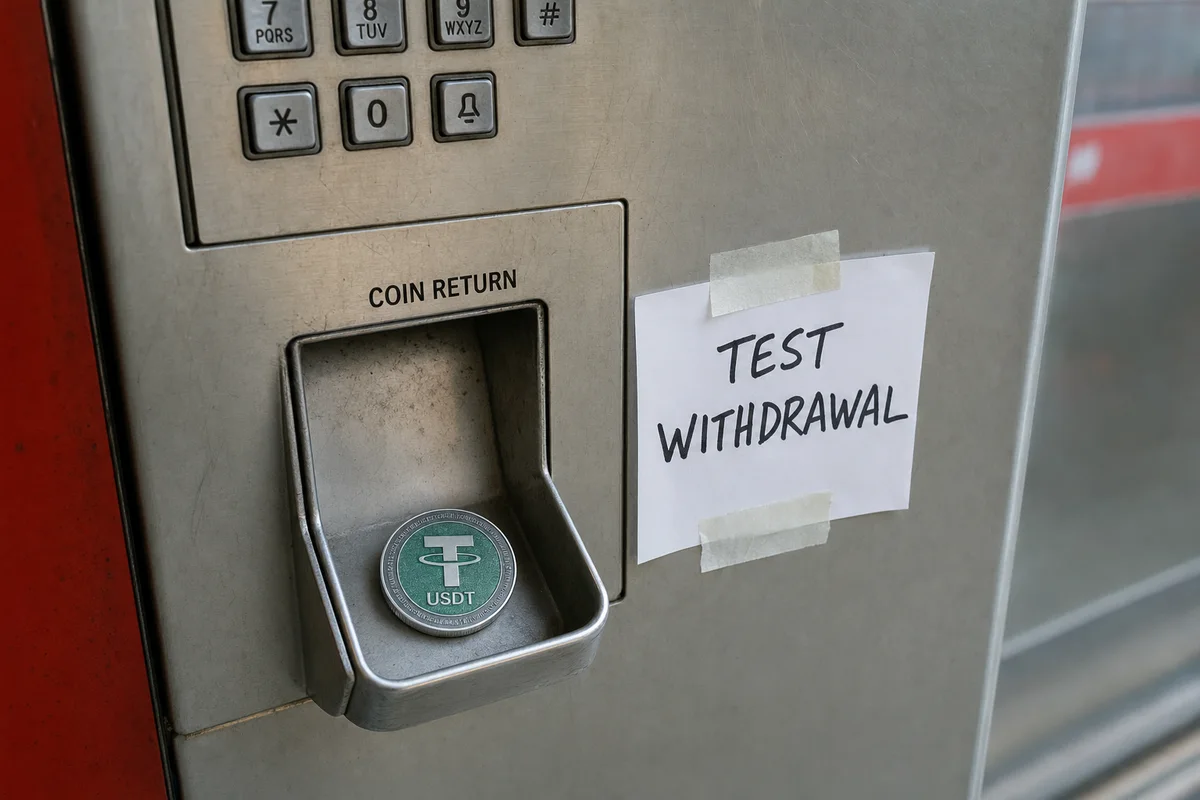 Монета USDT в лотке возврата монет таксофона и бумажная наклейка с надписью Test withdrawal