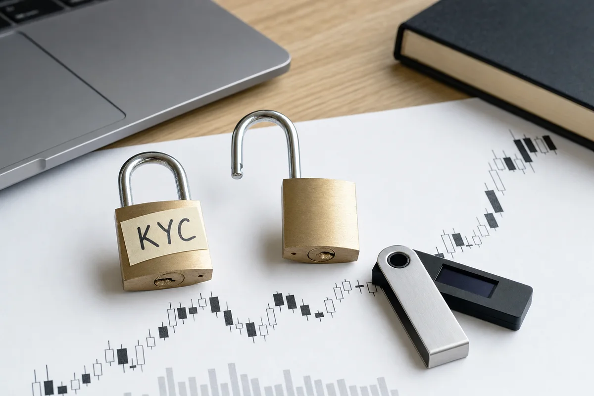 Закрытый замок с биркой KYC рядом с открытым замком и криптокошельком на свечном графике