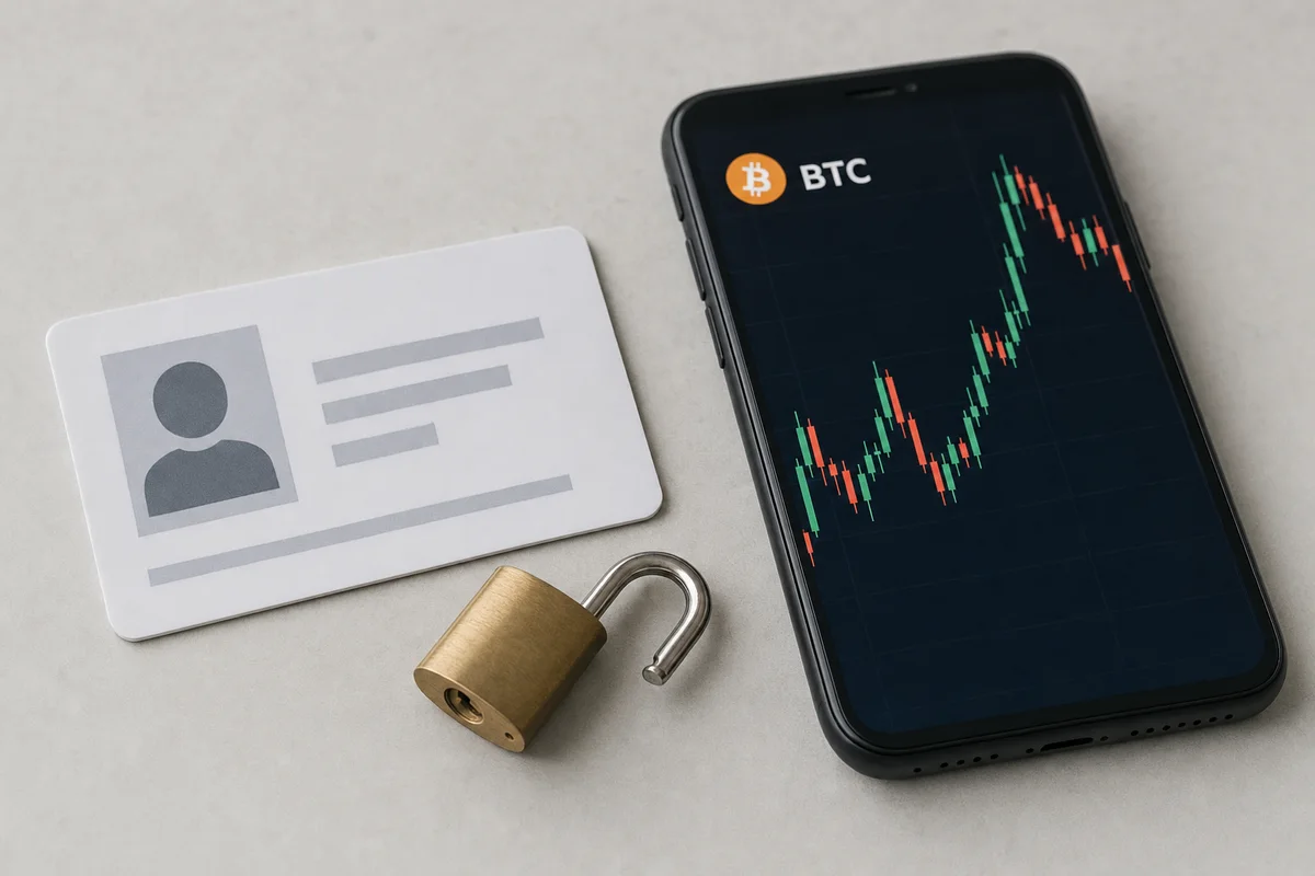 Удостоверение личности, телефон с графиком биткоина и открытый замок на столе