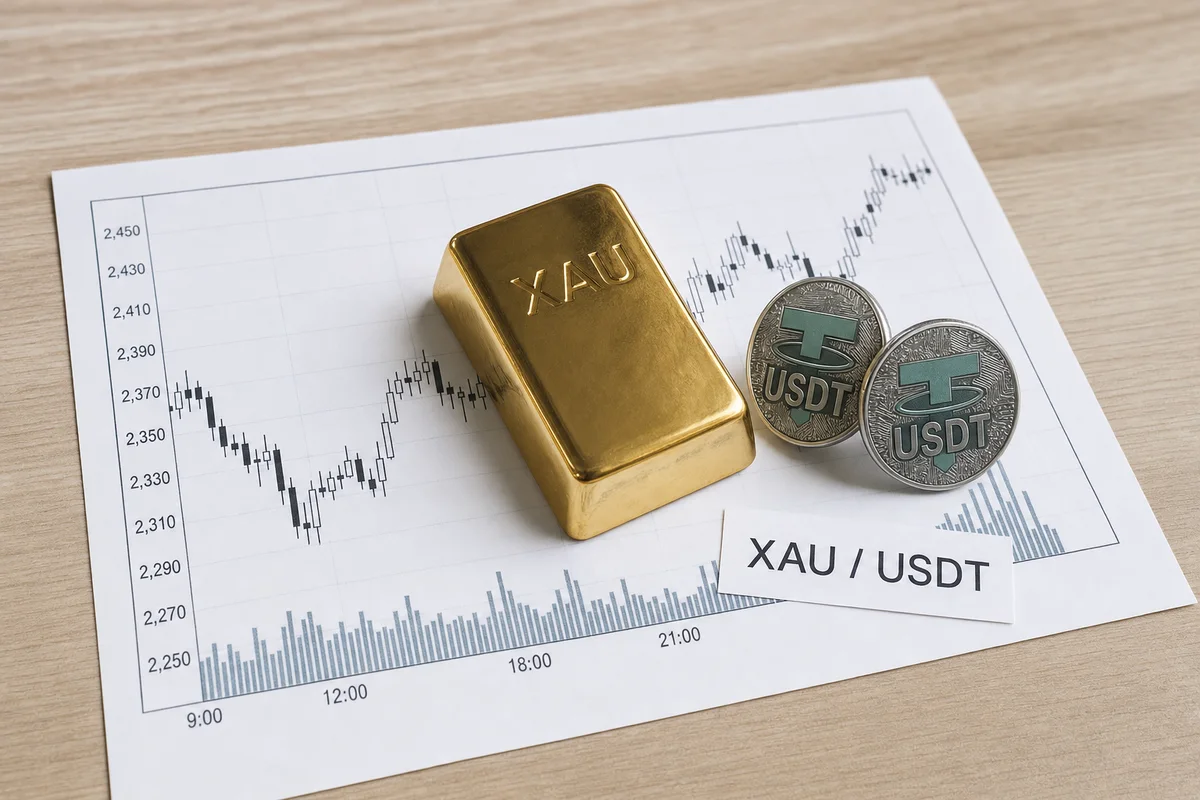 Золотой слиток с надписью XAU на распечатанном графике цены, рядом монеты USDT и бумажный ценник XAU/USDT