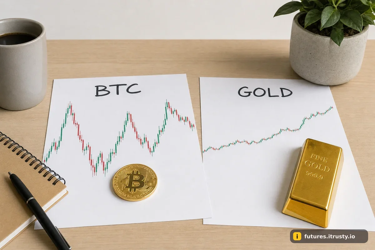 Две распечатки графиков на столе: слева резкий график BTC с монетой биткоина, справа плавный график золота со слитком