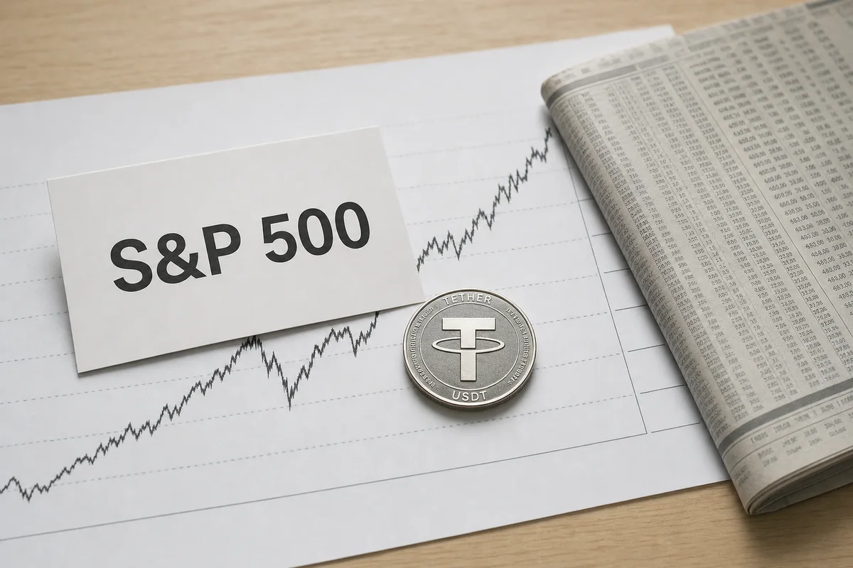 Распечатанный график индекса на столе, рядом монета USDT и карточка с надписью S&P 500