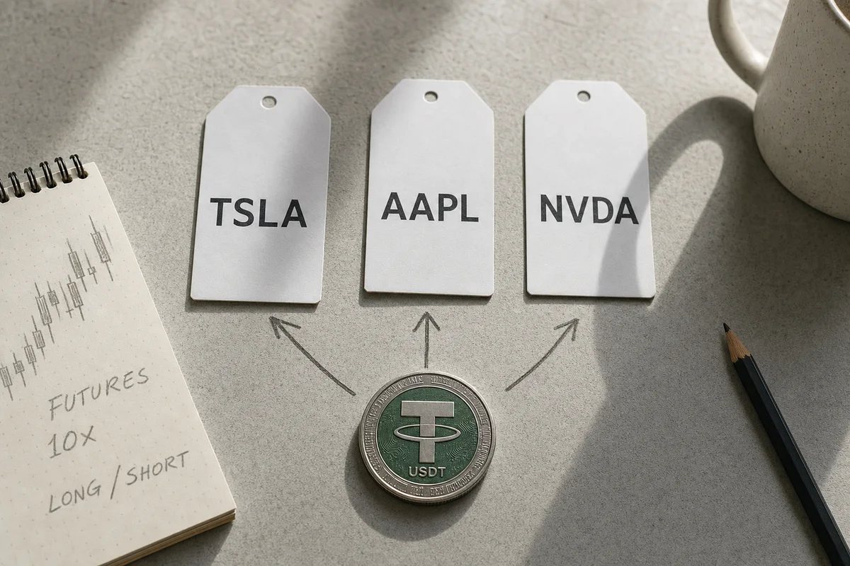 Три бумажные карточки с тикерами TSLA, AAPL и NVDA и монета USDT со стрелкой к ним