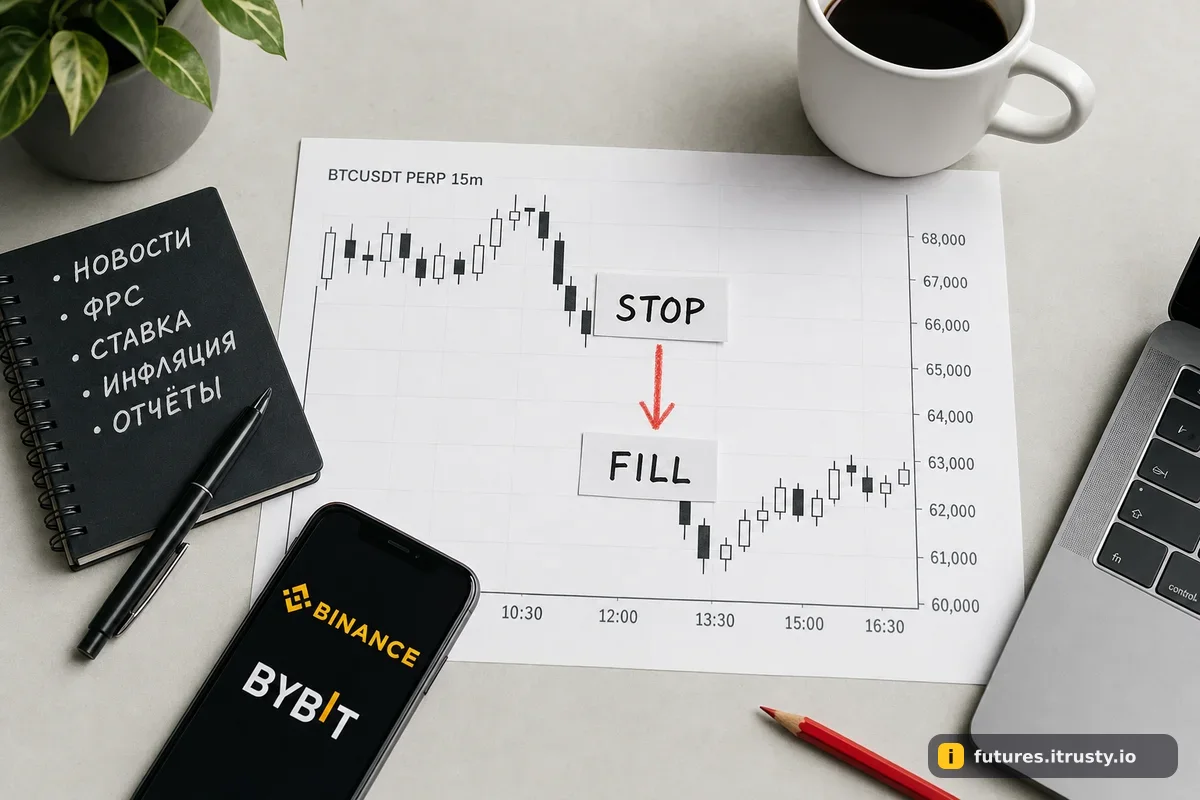 Распечатанный график с разрывом между свечами, бумажные метки STOP и FILL по разные стороны разрыва