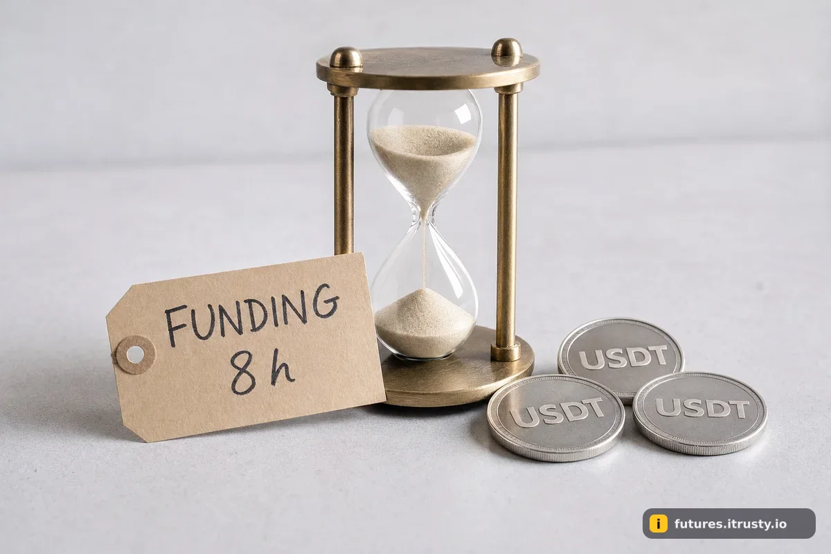Песочные часы с бумажной биркой FUNDING 8h и монеты USDT на столе