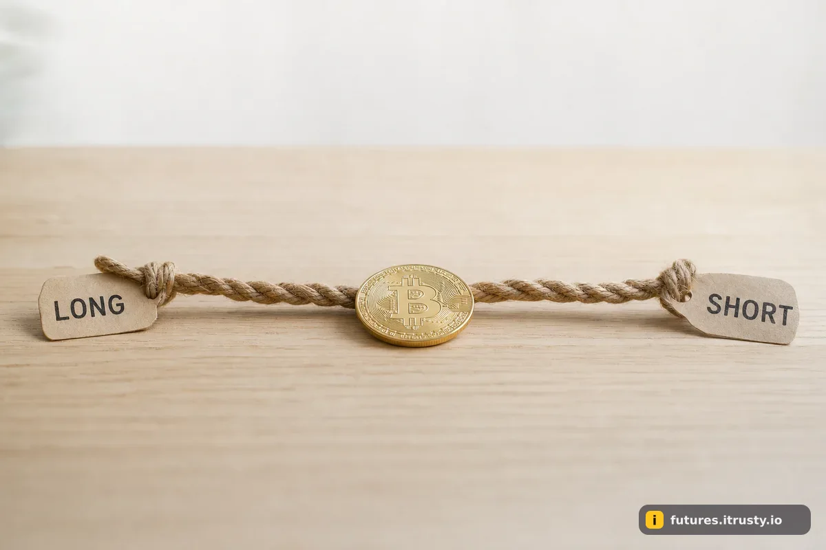 Верёвка с ярлыками LONG и SHORT, посередине монета биткоина