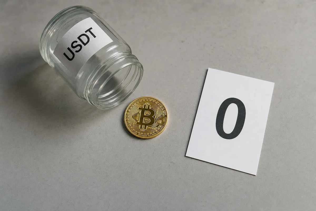 Пустая стеклянная банка с надписью USDT, одна монета биткоина рядом и карточка с нулём