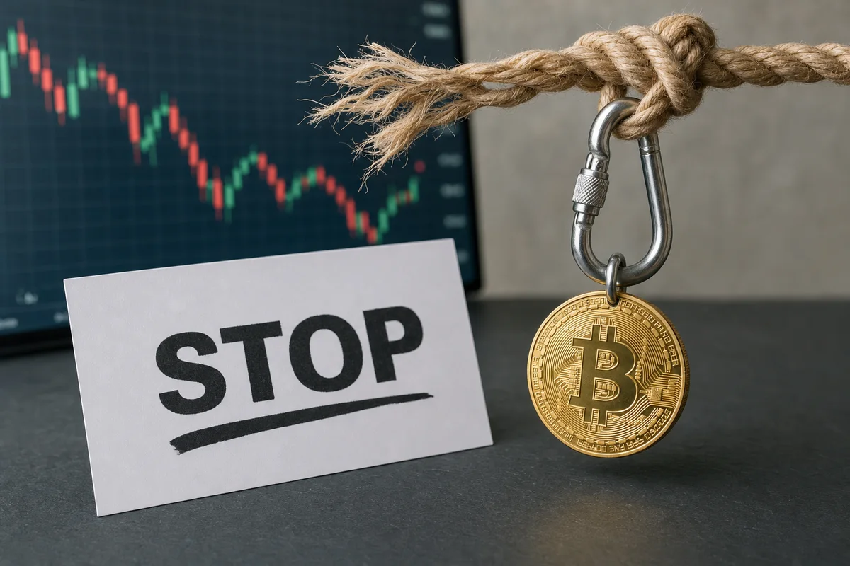Монета биткоина висит на карабине и верёвке с чуть потрёпанными волокнами, рядом карточка с надписью STOP