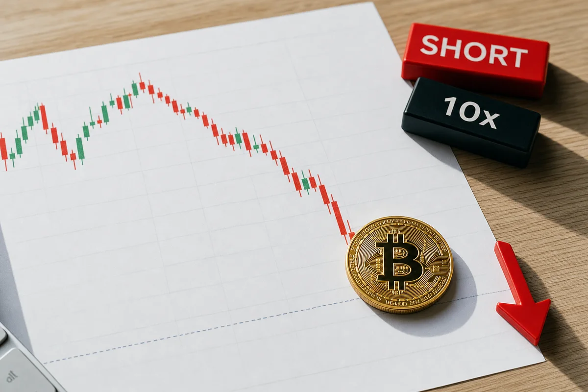 Золотая монета биткоина лежит на распечатанном свечном графике с падающими красными свечами и красной стрелкой вниз