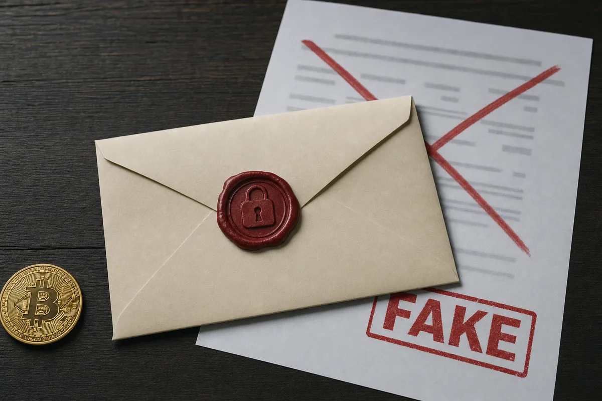 Запечатанный сургучом конверт рядом с перечёркнутым листом со штампом FAKE и монетой биткоина