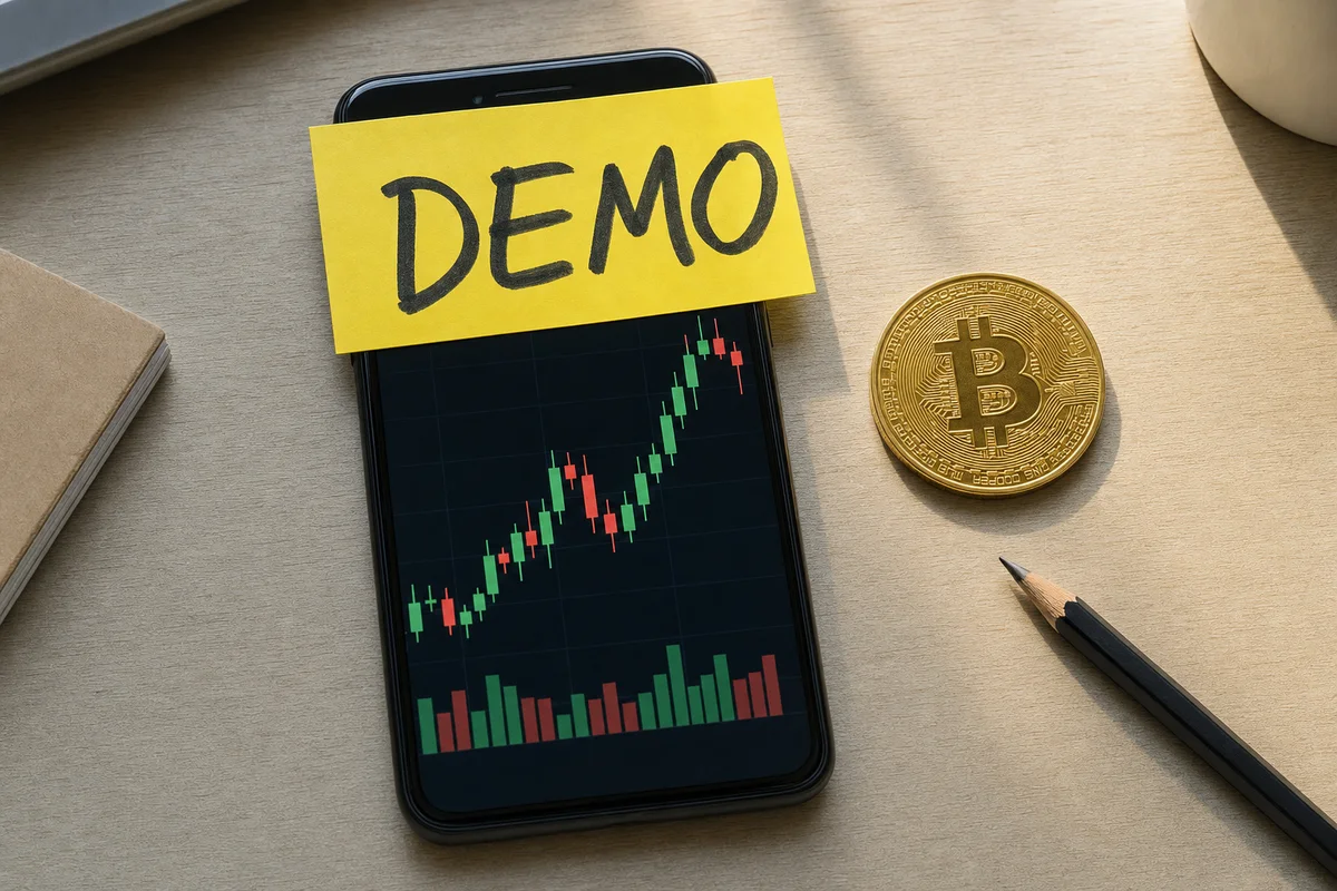 Телефон с графиком биткоина и жёлтый стикер с надписью DEMO поверх экрана