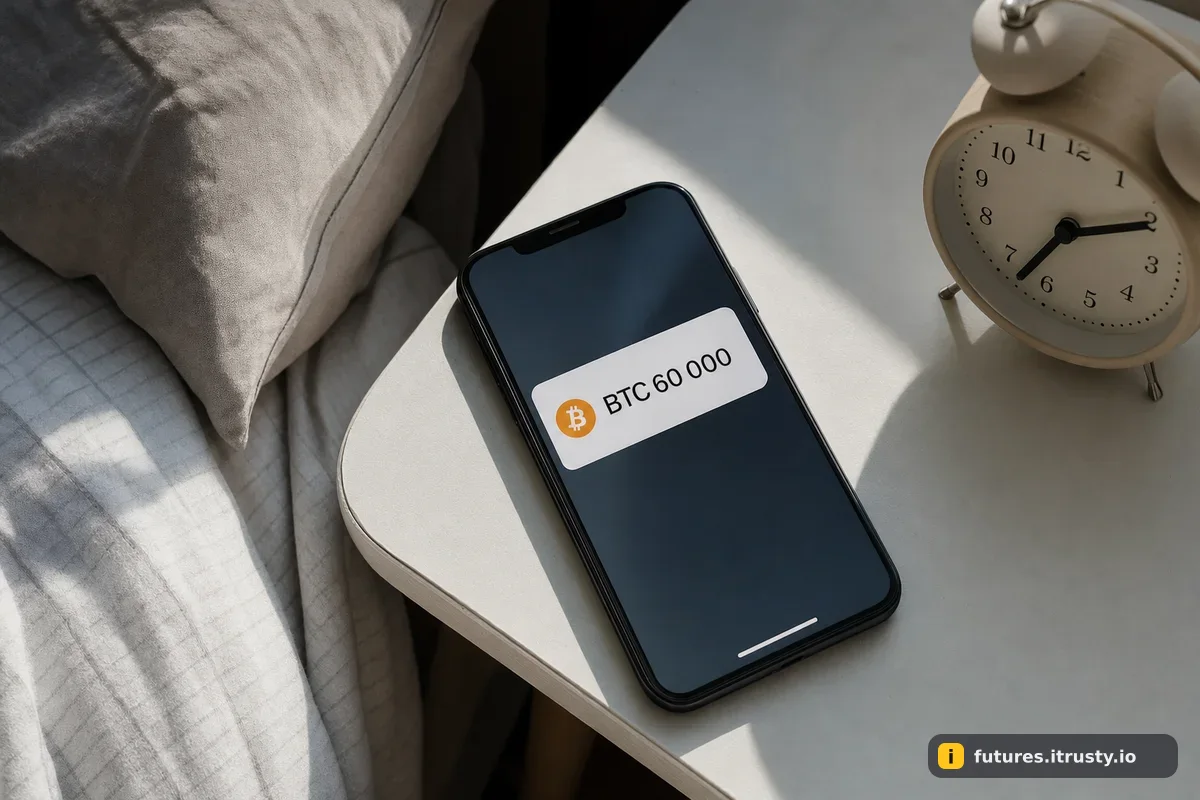 Телефон на тумбочке показывает одно короткое уведомление BTC 60 000, рядом будильник