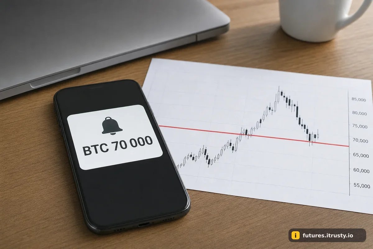 Смартфон с уведомлением о цене BTC 70 000 лежит рядом с распечатанным графиком биткоина с красной линией нужного уровня