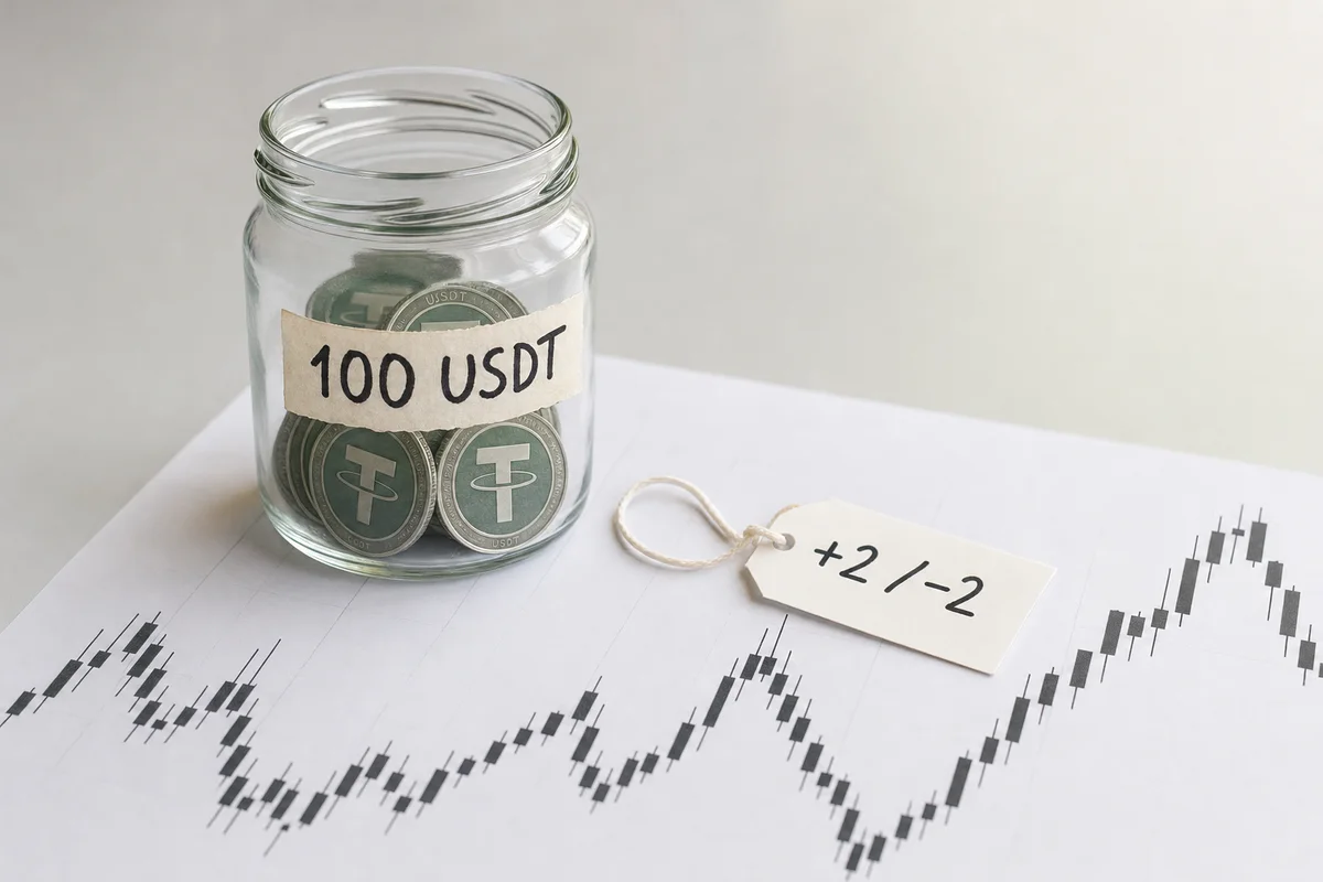 Банка с надписью 100 USDT и бумажный ярлычок с цифрами плюс два и минус два на распечатанном графике