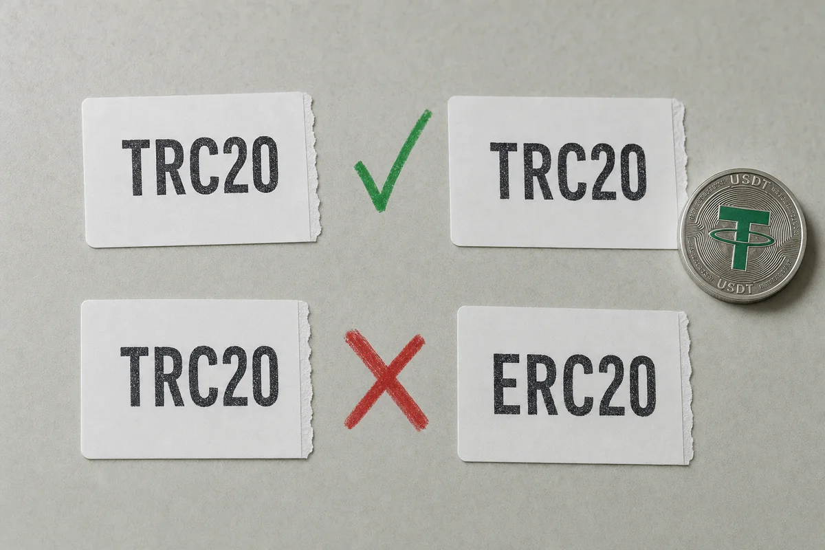 Две пары бумажных бирок: TRC20 и TRC20 с зелёной галочкой между ними, TRC20 и ERC20 с красным крестом