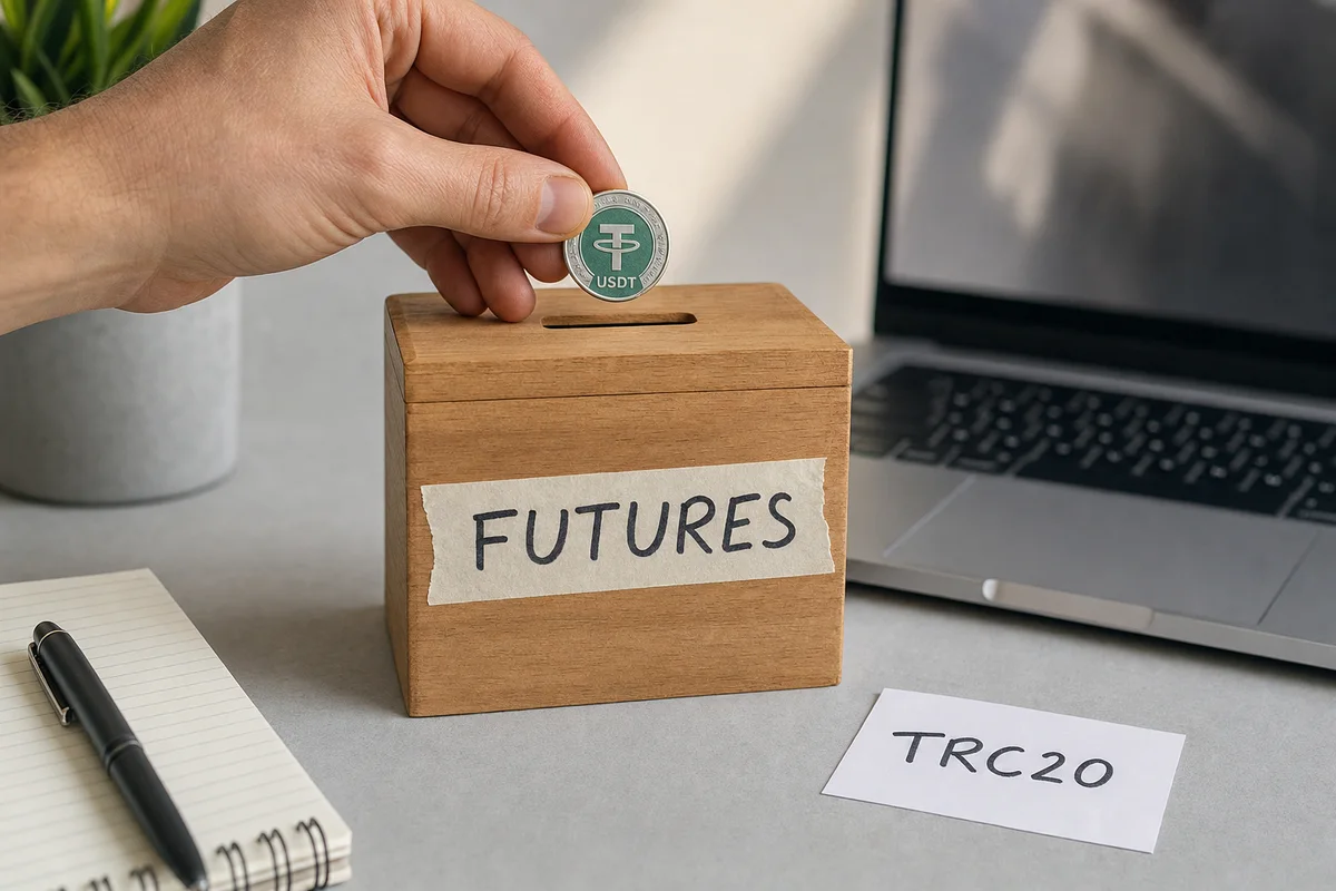 Рука опускает монету USDT в прорезь деревянной коробки с надписью FUTURES