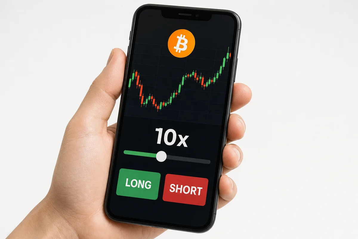 Телефон с окном сделки: график биткоина, ползунок плеча 10x и кнопки LONG и SHORT
