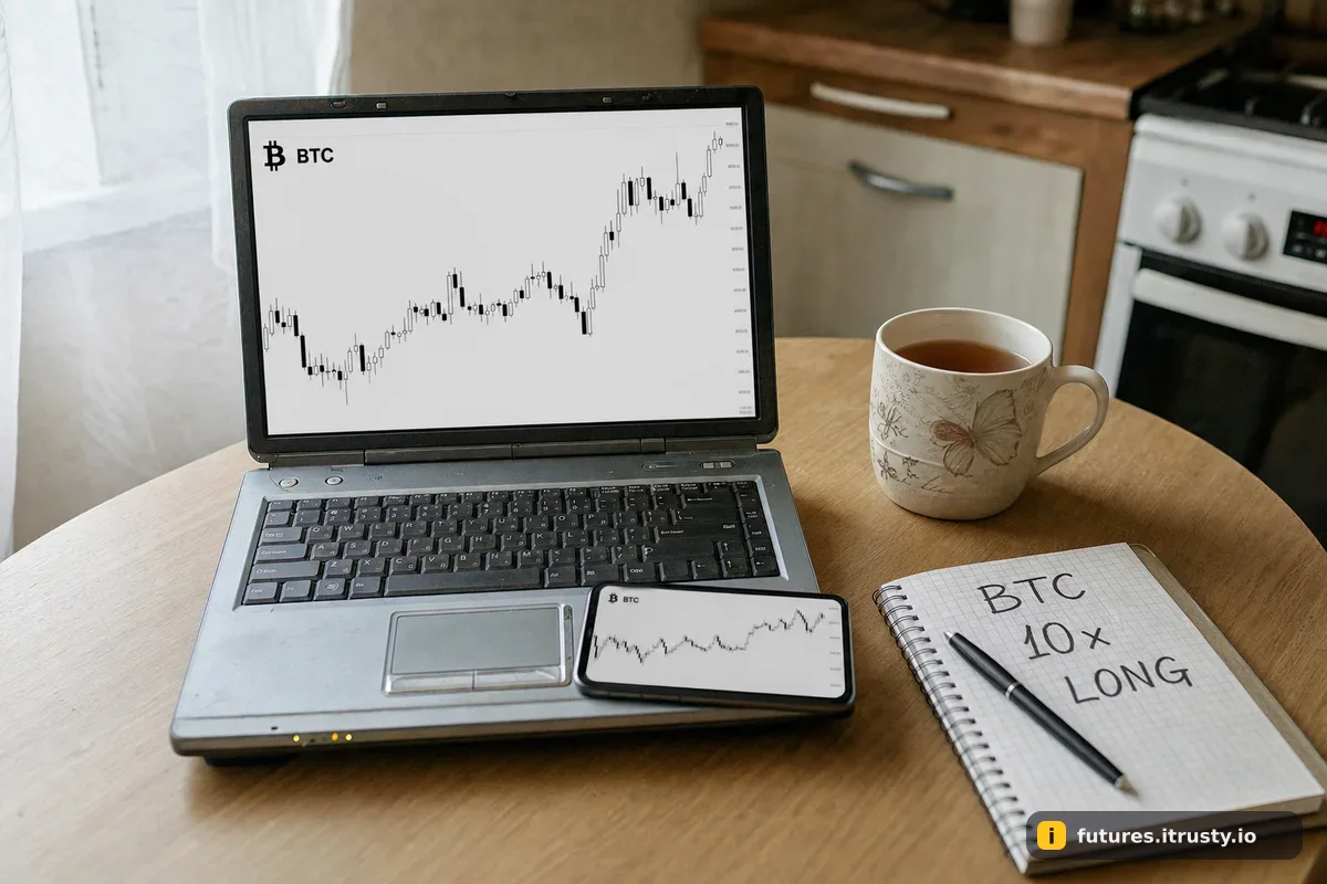 Старый ноутбук и телефон с графиком биткоина на кухонном столе