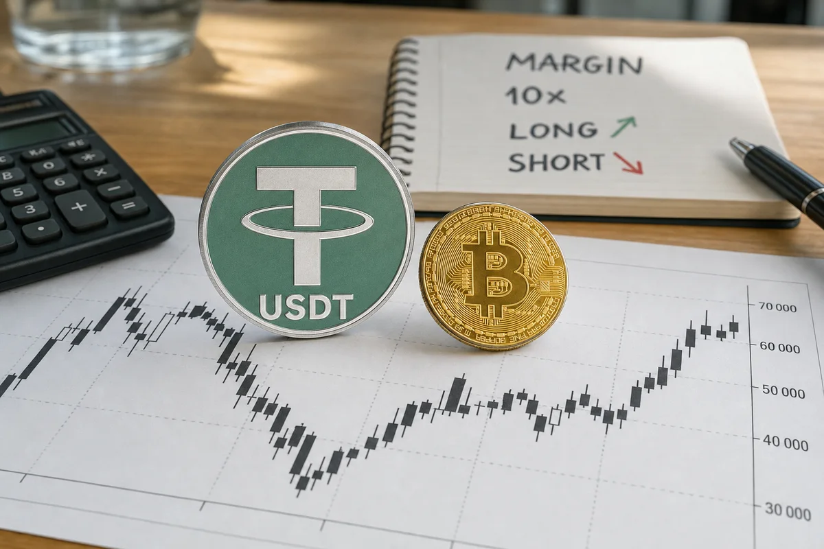 Монета USDT стоит прямо на распечатанном свечном графике, рядом наклонилась монета биткоина