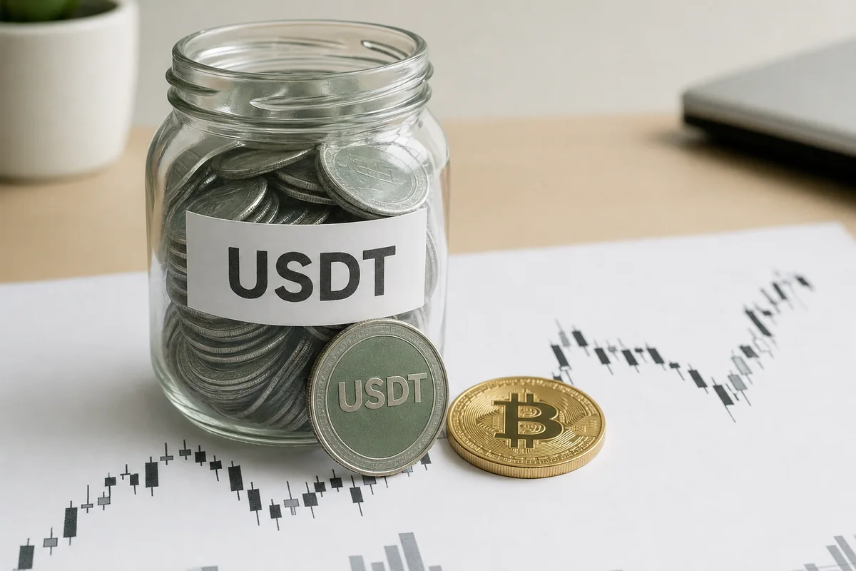 Стеклянная банка с надписью USDT, полная монет, и золотая монета биткоина на распечатанном свечном графике