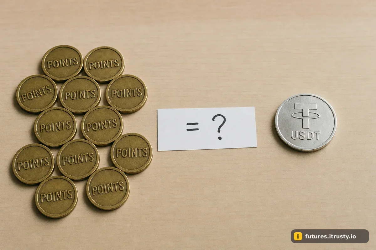 Горстка жетонов с надписью POINTS и одна монета USDT, между ними карточка со знаком вопроса
